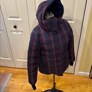Bergans of Norway navy plaid puffer 650 down full zip hooded jacket